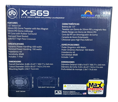 Par De Bocinas 6x9 400w C/ Tweeter Domo Db Drive X-s69 Negro
