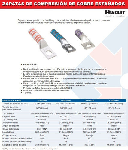 Zapata Terminal Estañada 6 Awg 3/8´´ 50 Pz Panduit Lcb6-38-l