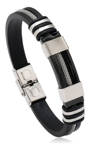 Pulseira Bracelete Listras Couro Aço Inox Design Casual Mode Comprimento 21.5 Cm Cor Preto Diâmetro 1.5 Cm