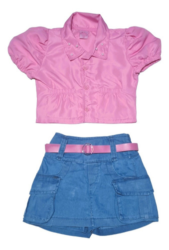 Conjunto Mini Diva Jeans Blogueirinha Verão Short Saia