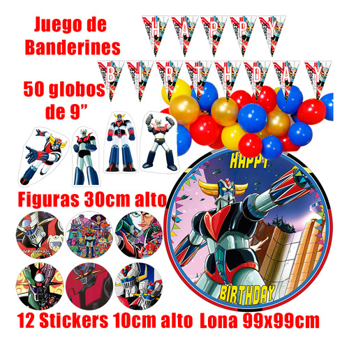 Kit Decoracion Set Globos Cumpleaños Tematica Mazinger Z Rojo Amarillo Azul Mazinger Z