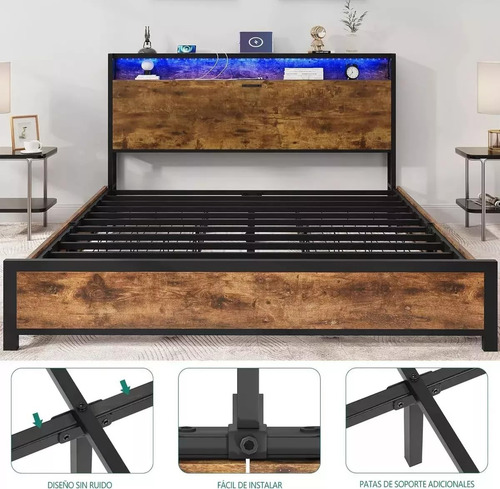 Base Cama Matrimonial Con Cabecero Y Luz Led Y 4 Cajones