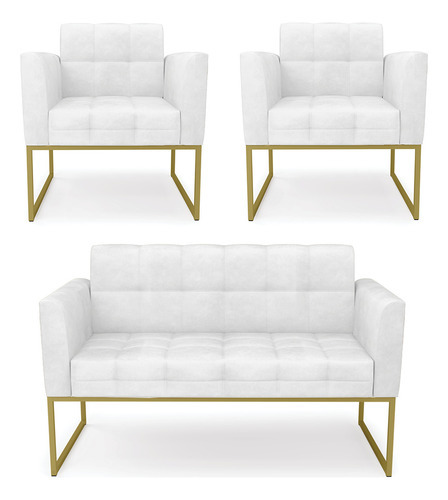 Kit Sofá E 2 Poltronas Corano Branco Base Industrial Dourado