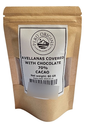 Avellana Recubierta Con Chocolate 70% Cacao Orgánico 80 Gr.