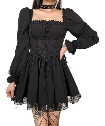 Vestido Gótico Lolita Para Mujer Con Escote Cuadrado Encaje