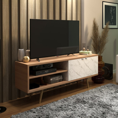 Rack Para Tv 55 Pol 160 Cm 2 Portas R1482 Amendoa Marmore Branco