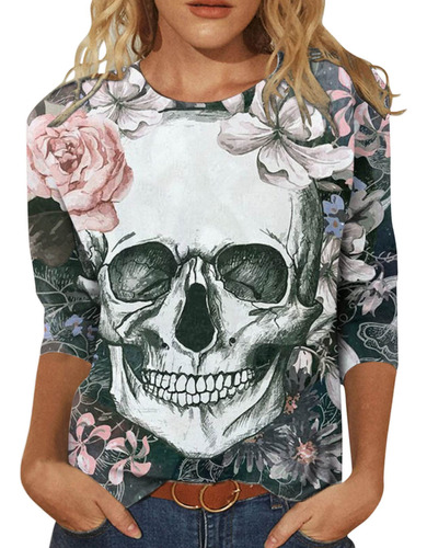 Blusa Para Mujer Casual Verano Floral Manga Tr Cuarto Cuello