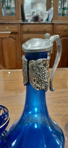 Antigua Licorera Con Tapa Y Tres Copas Azules (Usado)