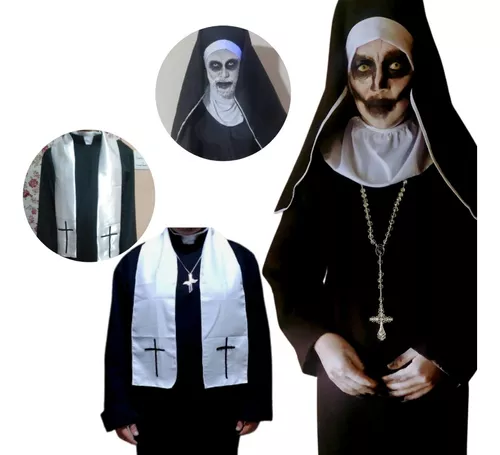 Fantasia Halloween Noviça do Mal Freira Adulta Vestido + Véu