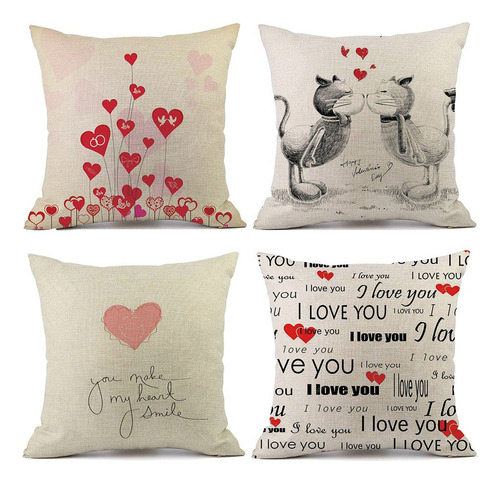 4 Fundas De Almohada Feliz San Valentín Lino Sofá Funda De C