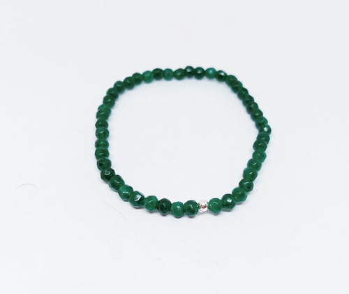 Pulsera Piedras Jade Natural Y Plata 925 Elastizada Verde