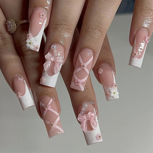 Elegante Conjunto De Unhas Prensadas Com Laço De Pérola Fran