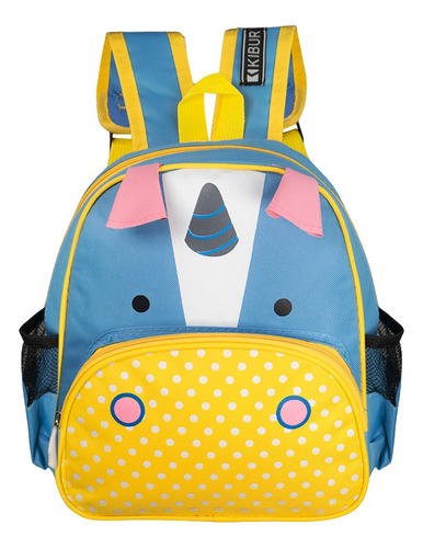 Mochila Escolar Niño Niña Nena Animales Jardín Preescolar Color Celeste Y Amarillo 3112 Diseño De La Tela Rinoceronte