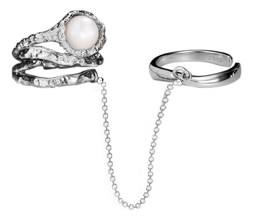 Doble Anillo Con Cadena Perla 8mm Plata S925 Moda Mujer