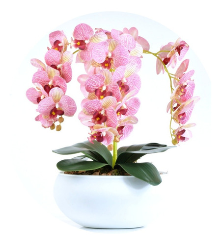 Arranjo De Orquídeas Artificiais Rosa Em Vaso Branco Fosco