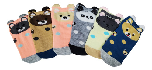 Calcetin Tin Colores Osos Animales Algodón 23-26 Cm 3 Pares