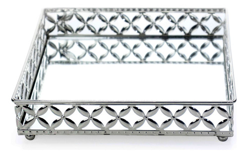 Bandeja Decorativa Quadrada Metal Prata Com Espelho 5x21 Cm