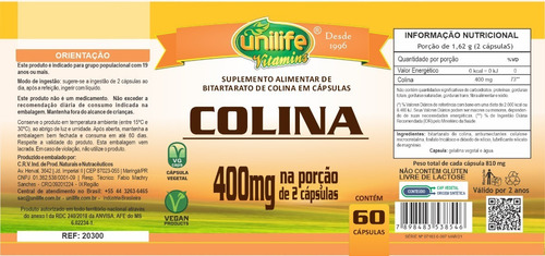 Imagem 2 de 3 de Colina 400mg Com 60 Caps De 810mg Ótimo P/ Cérebro Memória