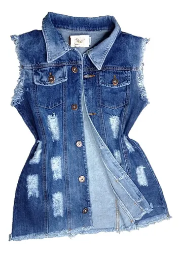 Max Colete Jeans Feminino Rasgado Longo Blogueirinha Oferta