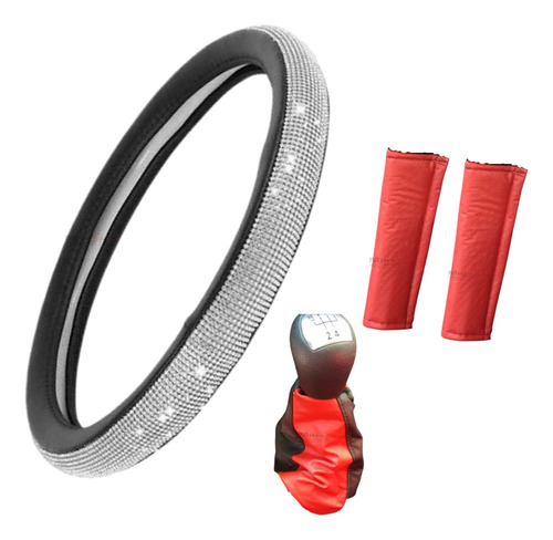 Cubre Volante Negro Brillos+ Cinturones + C/ Palanca Rojo