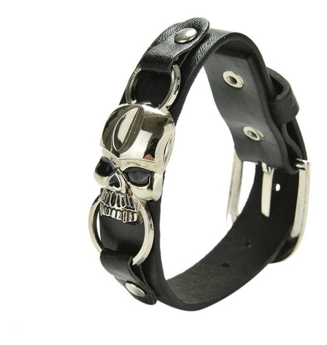 Pulsera Punk Calavera, Brazalete Negro, Moda Hombre