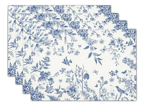 Set Floral Mantel Azul Blanco 4 U. Lino 30x45 Cm Fiesta Dini