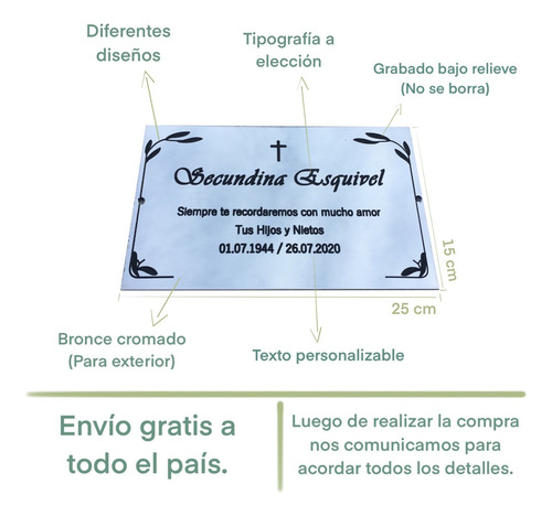 Imagen 2 de 10 de Placas Recordatorias Cementerio Grabada Metal Bronce 25x15cm