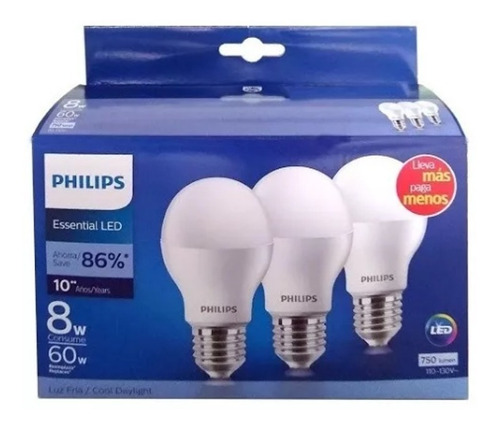 3 Bombillos Led Bulbo 8w (60w) Philips