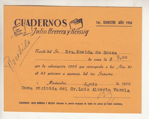 1956 Recibo Suscripcion Coleccion Cuadernos Herrera Reissig