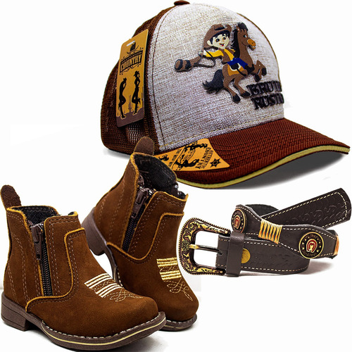 Kit Infantil Bota Cowboy Criança Couro Bone Cinto Mm Peao