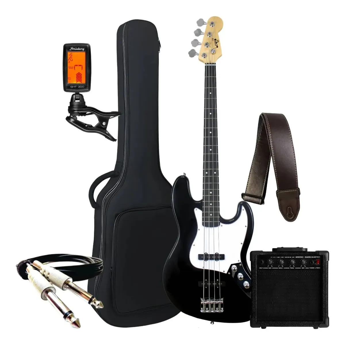 Kit Contra Baixo 4 Cordas Bravo Bb100 Passivo Jazz Bass Acessórios E Amplificador Cor Black Orientação Destro