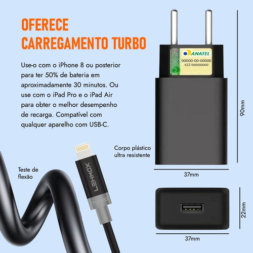 Carregador Turbo Parede Usb Ios 30w Compatível Com iPhone