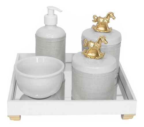 Kit Higiene Bandeja Potes Porcelanas Passarinho Bebê Dourado Cor Cavalinho