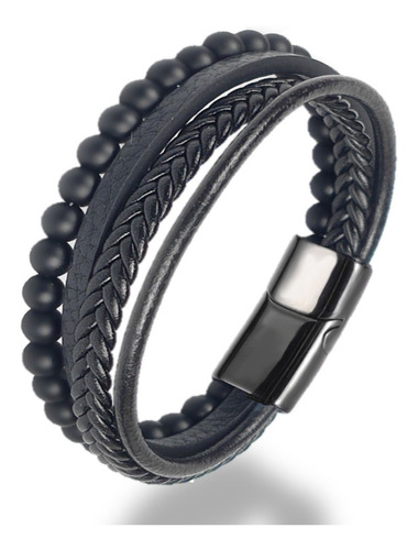 Pulseira Masculina Couro Tribal Preta Pedra Ônix Fecho Imã