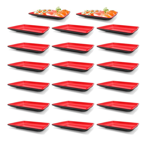 Kit 20 Pratos Em Melamina Retangular 21x13 Cm Para Sushi