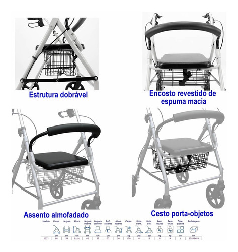 Imagem 2 de 4 de Andador Idoso 4 Rodas Em Aluminio Dobravel Assento Encosto