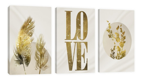 Cuadro Decorativo Canvas Triptico Vertical Love Oro Y Adorno