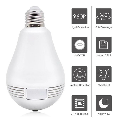 Imagem 3 de 8 de Lâmpada Espiã Câmera Visão Noturna Ip Led Wifi Hd Panorâmica