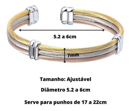 Pulseira Cabo De Aço Cor Prata E Ouro Modelo Super Fashion Comprimento 19 Cm Cor Prata Ouro E Rose Diâmetro 5.7 Cm