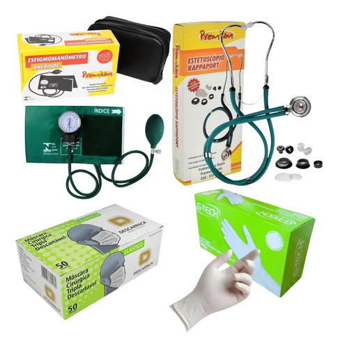 Kit Medidor De Pressão Esteto Máscara E Luvas Caixa Verde