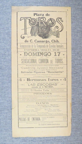 Programa De Corrida De Toros 1914 Camargo Chihuahua México 