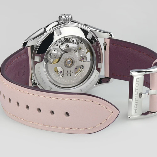 Reloj Hamilton Jazzmaster Skeleton Lady Auto H32265801 Correa Rosa Bisel Plateado Fondo Rosa