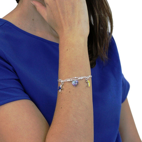 Imagen 6 de 10 de Pulsera De Plata 925 Con Dijes De Luna, Estrella Y Swarovski
