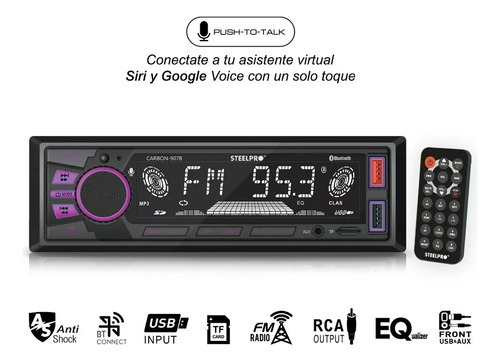 Autoestéreo para auto Steelpro Technologies Carbon 907B con USB, bluetooth y lector de tarjeta SD