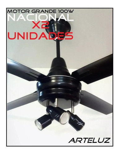Ventilador Negro Pala De Chapa + Plafon 3l Y Lamp Led X2u