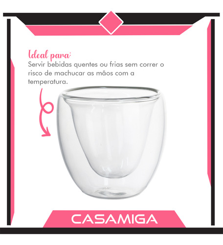 Kit 2 Copos Vidro Borossilicato Parede Dupla Coração 80ml