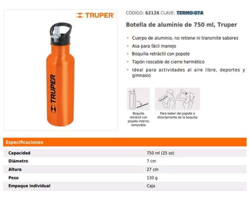 Termo Para Agua Fría De 750 Ml En Aluminio Con Pitillo Truper