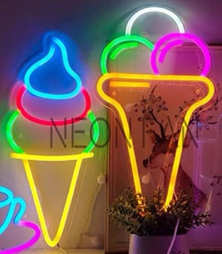 Cartel Neon Led Helado Cono Color Base Acrílico 