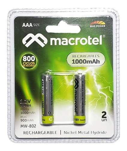 Pilas Recargables Macrotel Aaa 1.2v 1000mah 2 Unid Mw-802