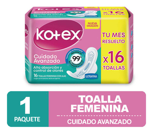 Imagen 2 de 3 de Kotex Toallas Femeninas Cuidado Avanzado Ultrafina X 16 Un